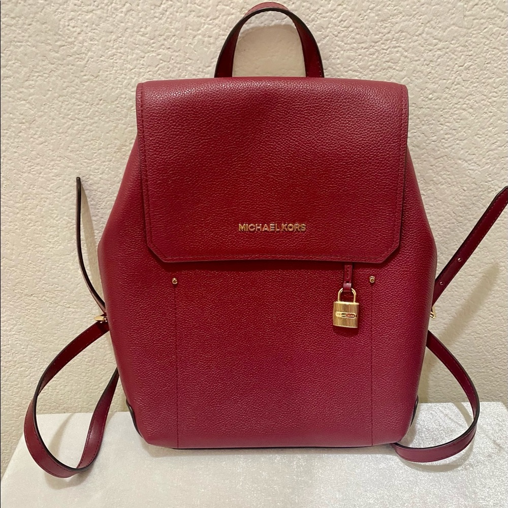 Michael Kors Red Leather Backpack adjustable leather strap.
